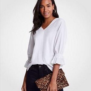 Ann Taylor White V-Neck Ruffle Sleeve Blouse